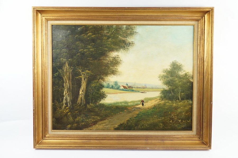 E. DUPUIS (1877-1956). Vue de chemin sur fond d' église. Huile sur toile signée en bas à droite et datée 1885. Toile : 49 x 65 cm. Quelques restaurations. 