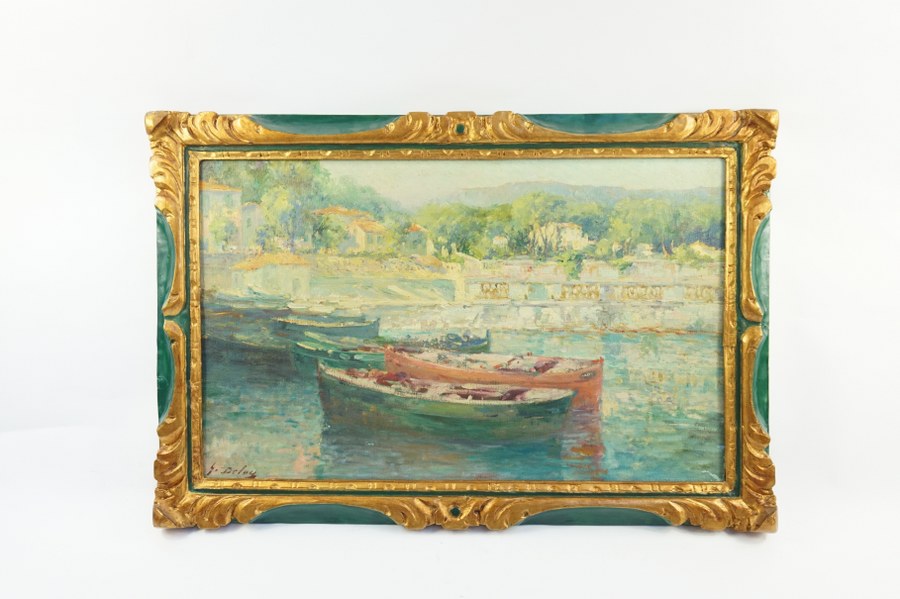 Georges DELOYE (1856-1930). Vue de port de plaisance. Huile sur toile signée en bas à gauche. 38 x 61 cm. Accidents a la toile. 