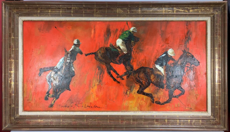 Pierre LETELLIER (1928-2000). Les Joueurs de polo. Huile sur toile signée Pierre Letellier. XXe siècle. Cadre : 81 x 142 cm 